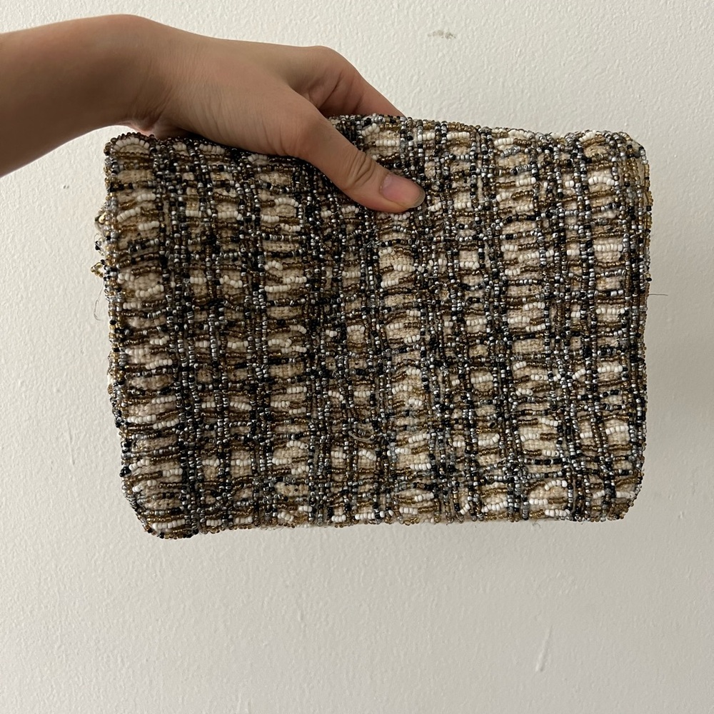 Black and Brown Tweed Textured Beaded Clutch/ Crossbody Bag